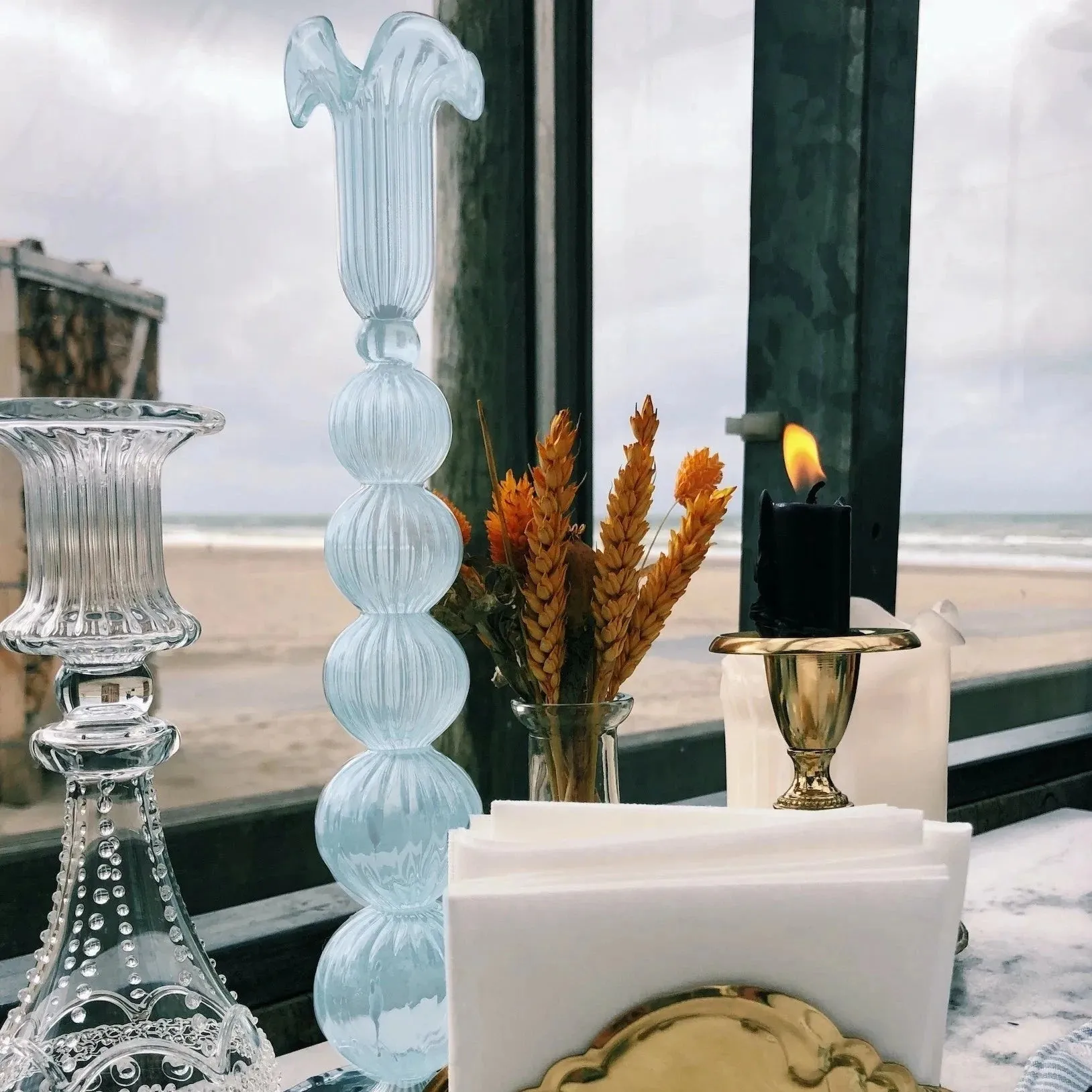Cloudy Taper Candle Holder | Blue Glass | 29cm
