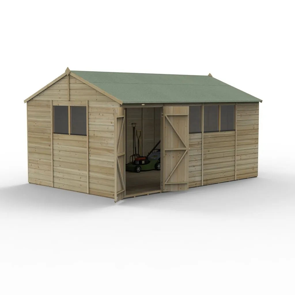 Forest Garden Beckwood 15x10 Reverse Apex Shed with 6 Windows and Double Door