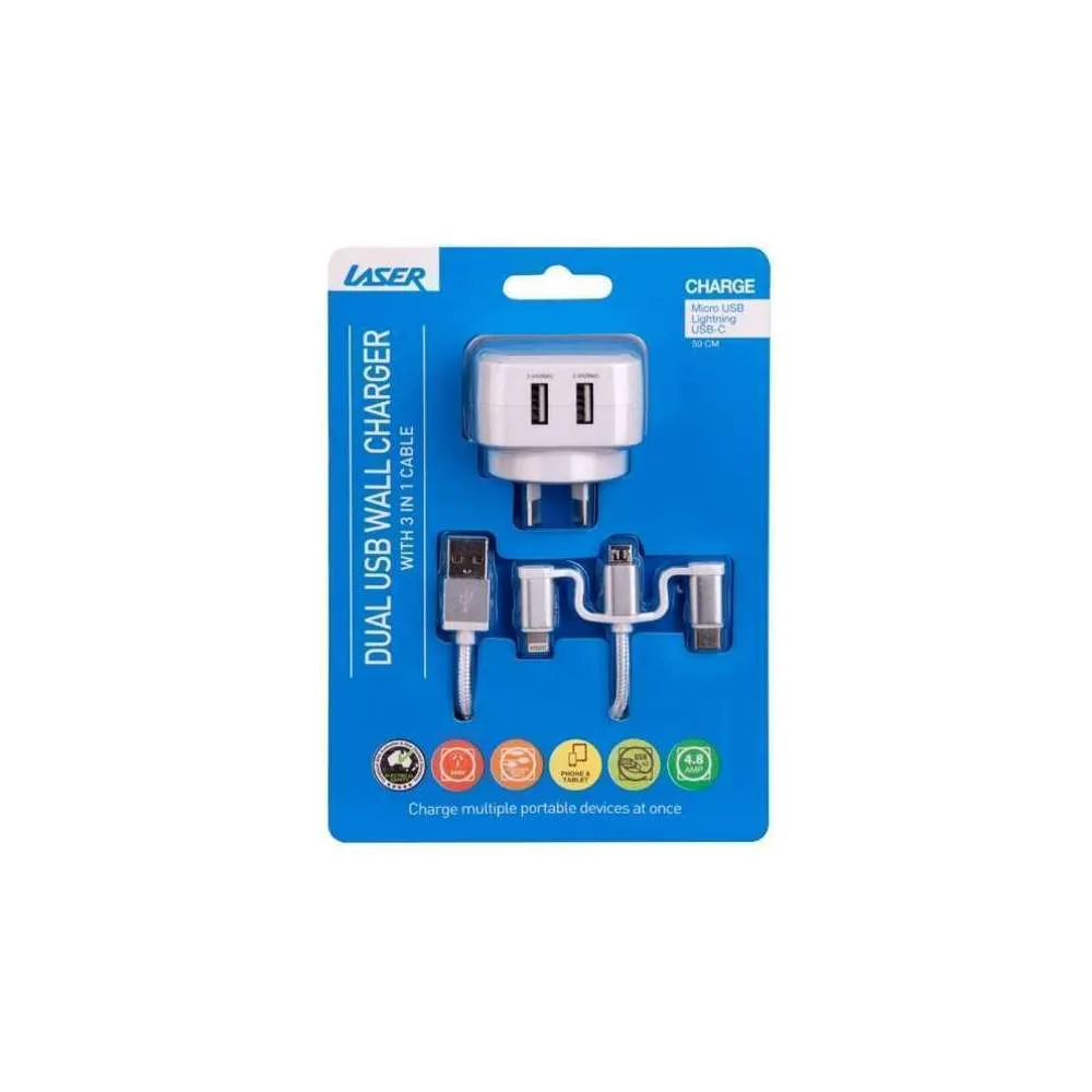 Laser Dual USB Ac Charger 3-in-1 Charging Cable White