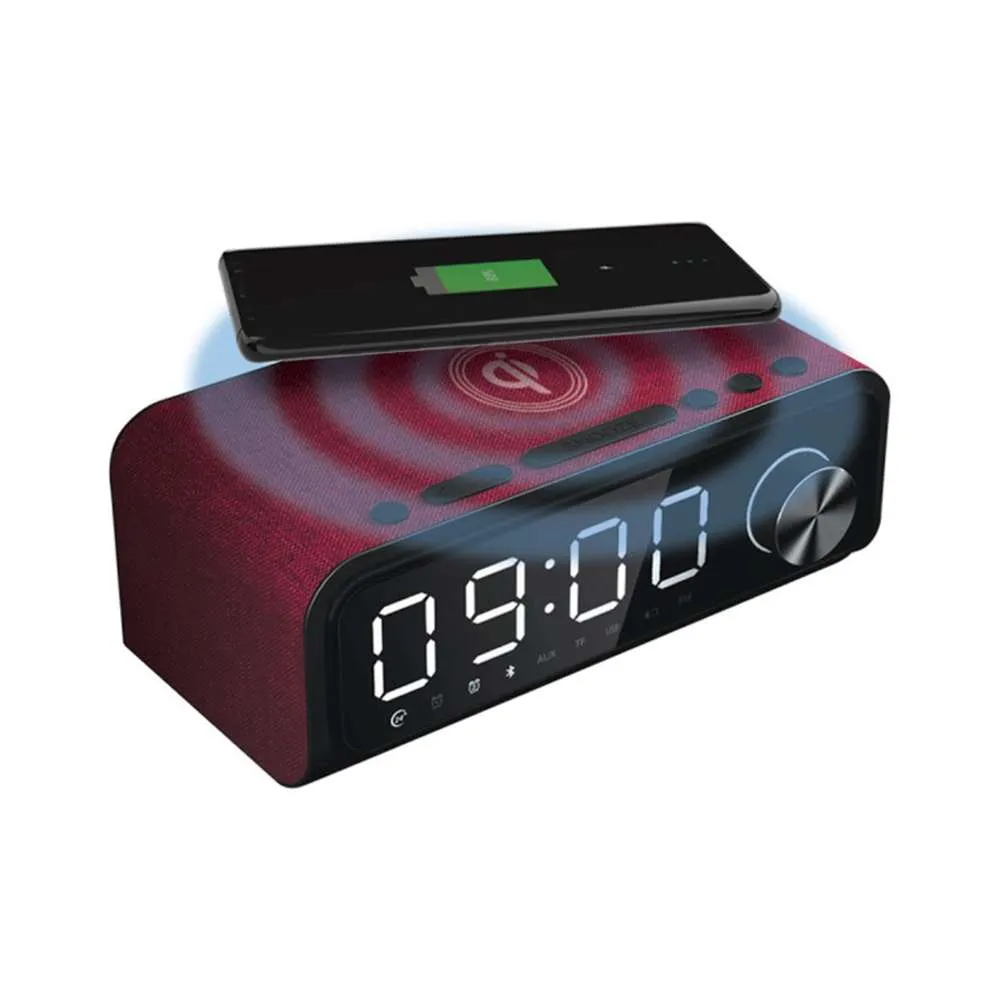 Laser Fabric Qi Wireless Charging Alarm Clock Bluetooth Speaker Red