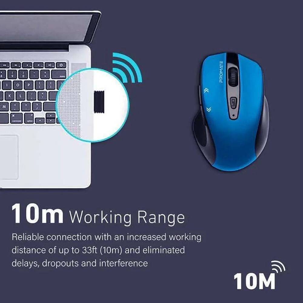 Promate 1600dpi Contoured Wireless Mouse Blue
