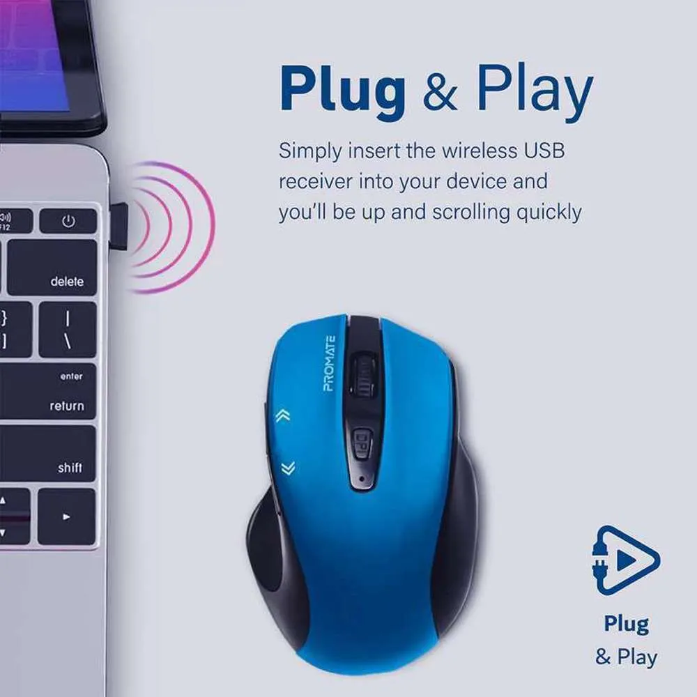 Promate 1600dpi Contoured Wireless Mouse Blue