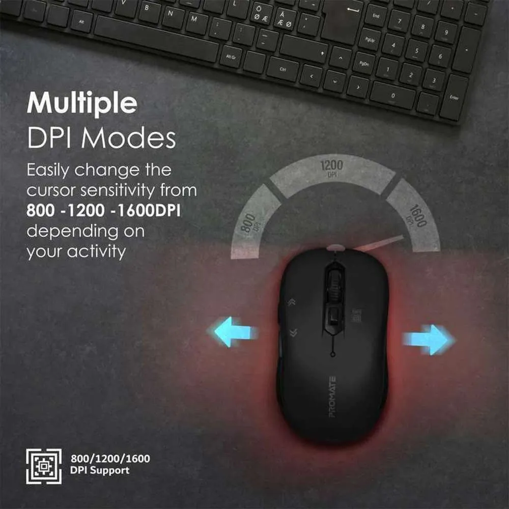 Promate 1600dpi Ergonomic Contoured Wireless Mouse Black