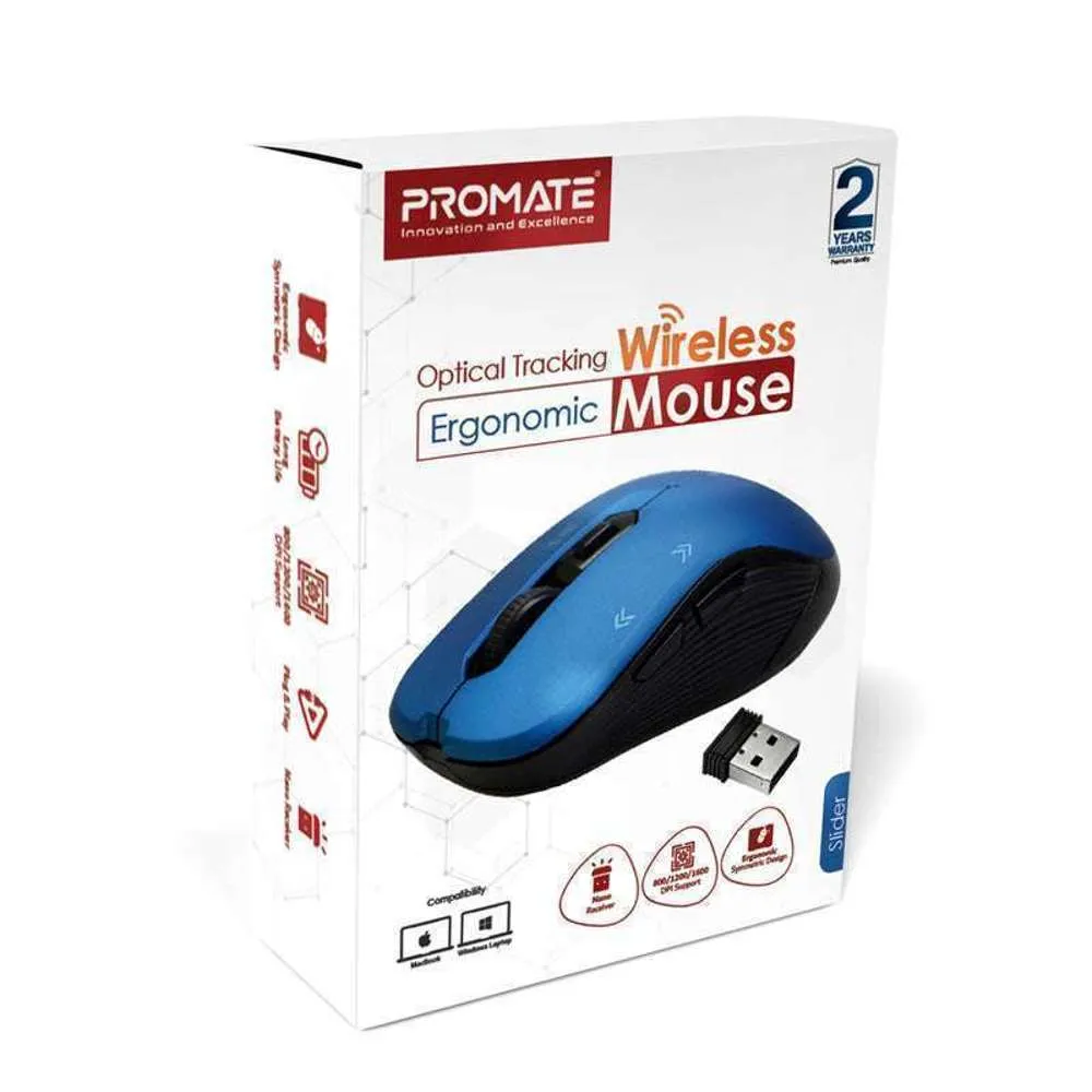 Promate 1600dpi Ergonomic Contoured Wireless Mouse Blue
