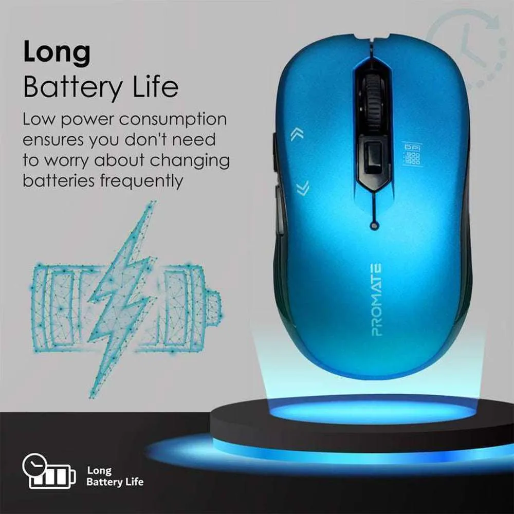 Promate 1600dpi Ergonomic Contoured Wireless Mouse Blue