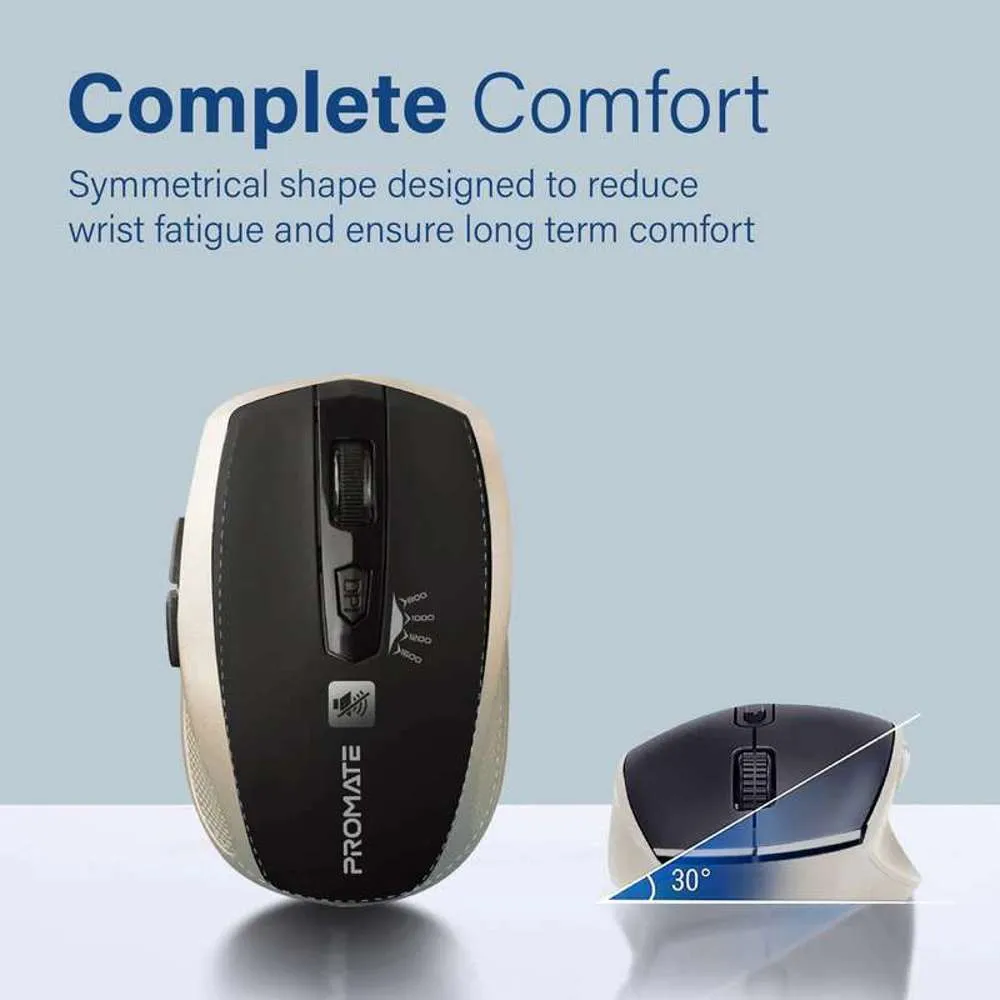 Promate 1600dpi Silent Key Wireless Optical Mouse Gold
