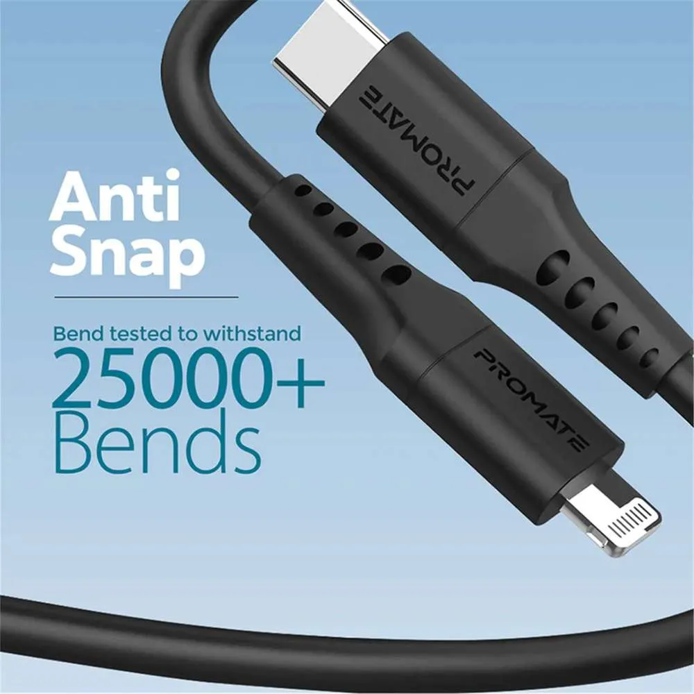 Promate 20W USB-C to Lightning Charge Cable 3m Black