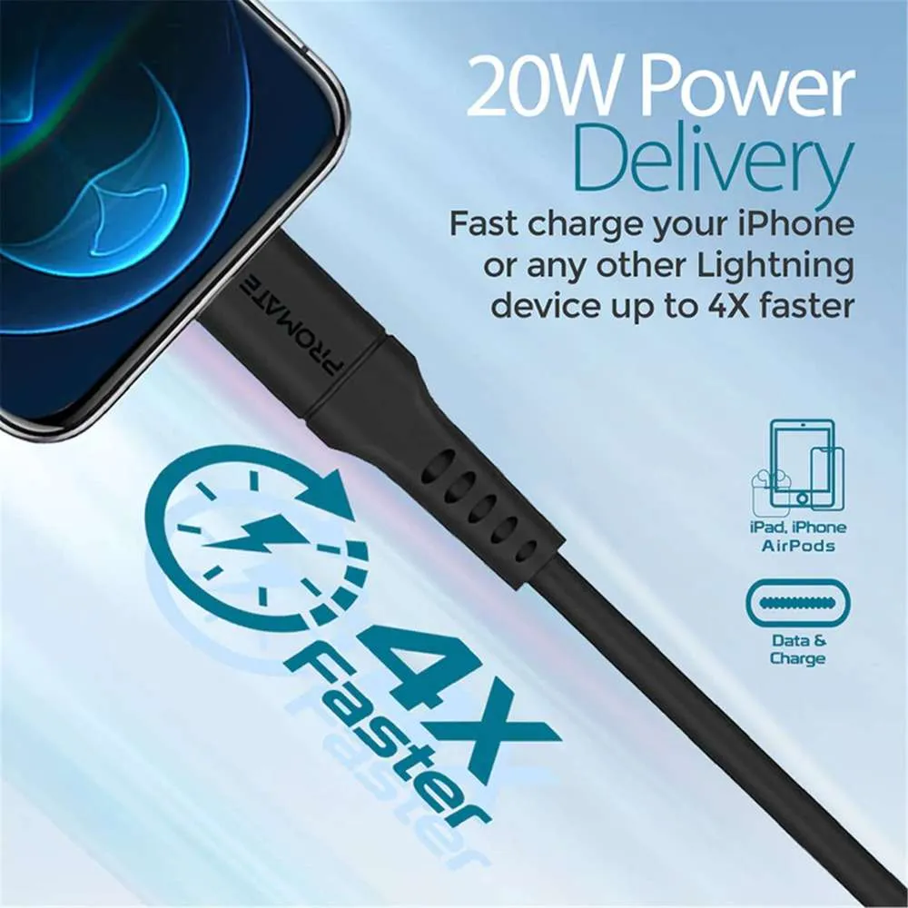 Promate 20W USB-C to Lightning Charge Cable 3m Black