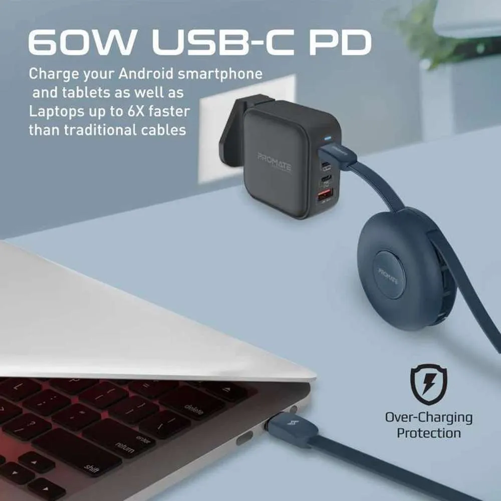 Promate 3-in-1 Auto-Recoil Charger USB-C Lightning Micro-USB Blue