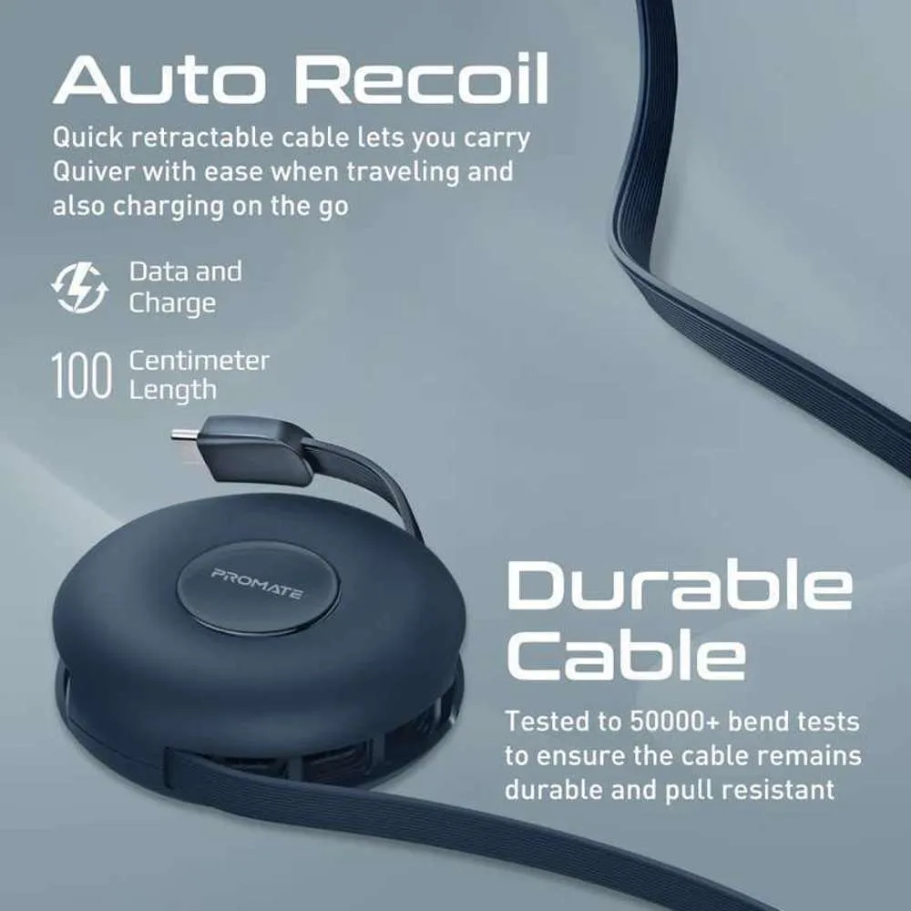 Promate 3-in-1 Auto-Recoil Charger USB-C Lightning Micro-USB Blue