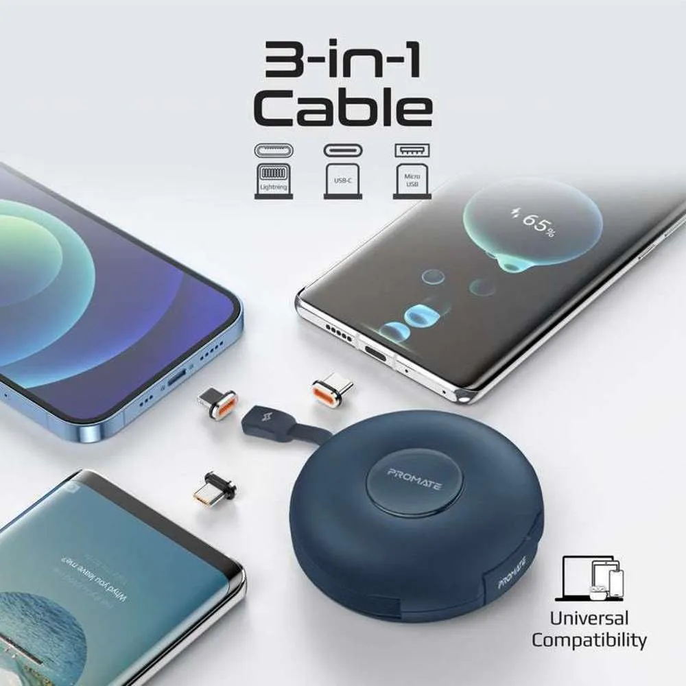 Promate 3-in-1 Auto-Recoil Charger USB-C Lightning Micro-USB Blue