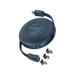 Promate 3-in-1 Auto-Recoil Charger USB-C Lightning Micro-USB Blue