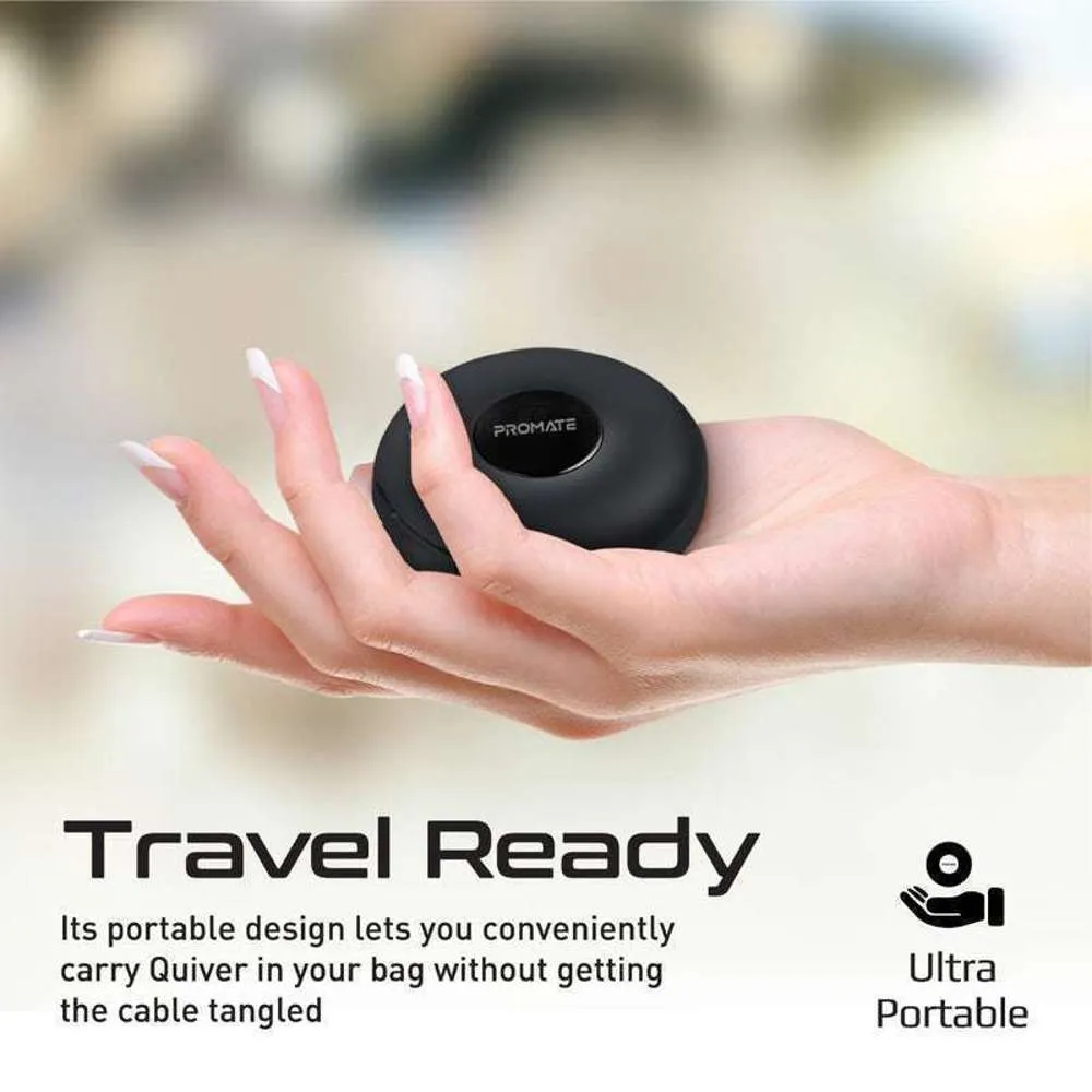Promate 3-in-1 Auto-Recoil USB-C Cable Magnetic USB-C Lightning Black