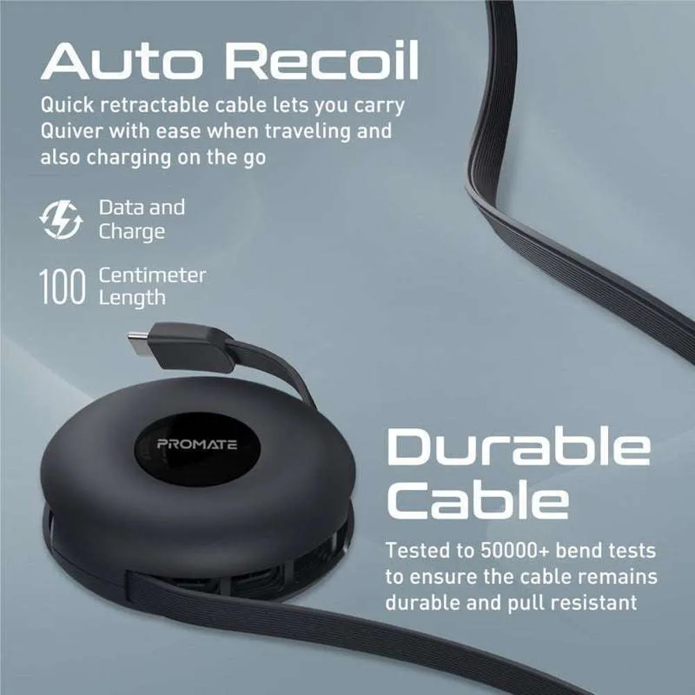 Promate 3-in-1 Auto-Recoil USB-C Cable Magnetic USB-C Lightning Black