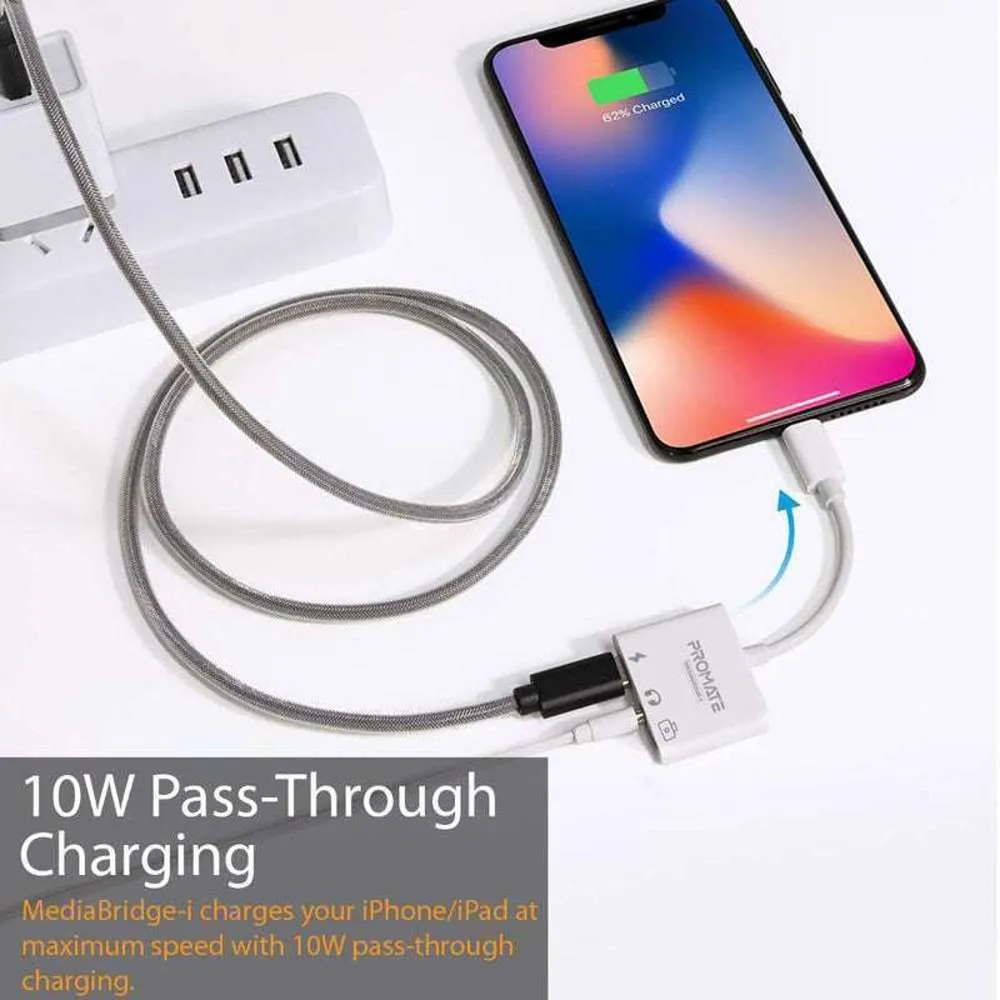 Promate 3-in-1 Hub for Lightning to 3.5mm Jack USB 3.0 Lightning Port