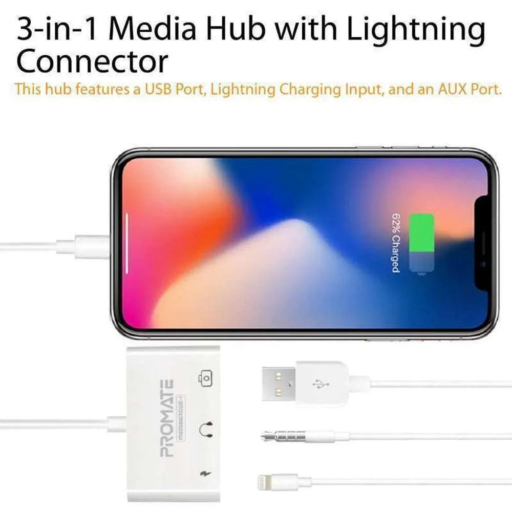 Promate 3-in-1 Hub for Lightning to 3.5mm Jack USB 3.0 Lightning Port