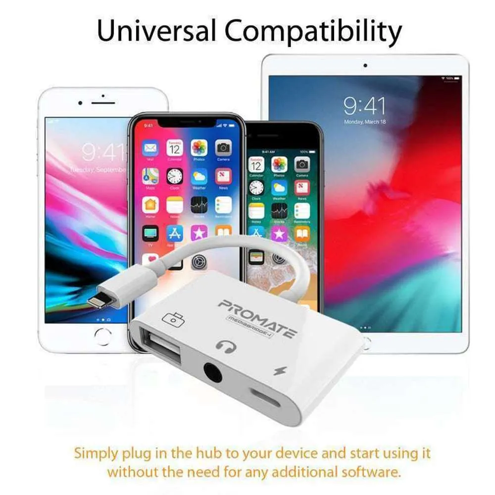 Promate 3-in-1 Hub for Lightning to 3.5mm Jack USB 3.0 Lightning Port