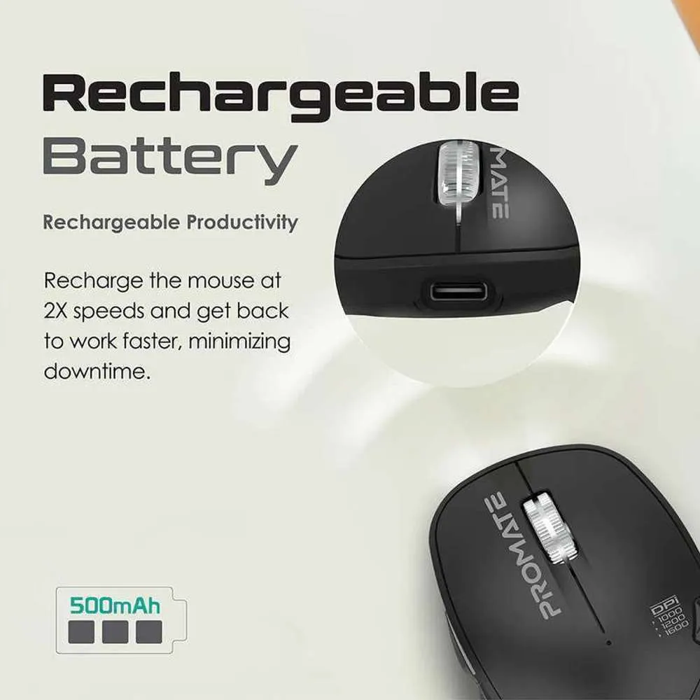 Promate 3200dpi Silent Key Wireless Optical Mouse Black