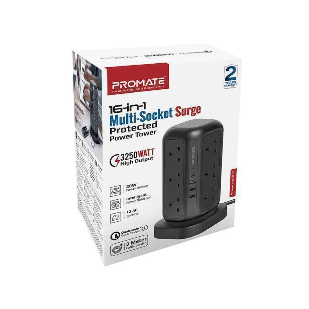 Promate 3250W/32W 12 Socket Power Tower 20W 4 USB Ports - 3m