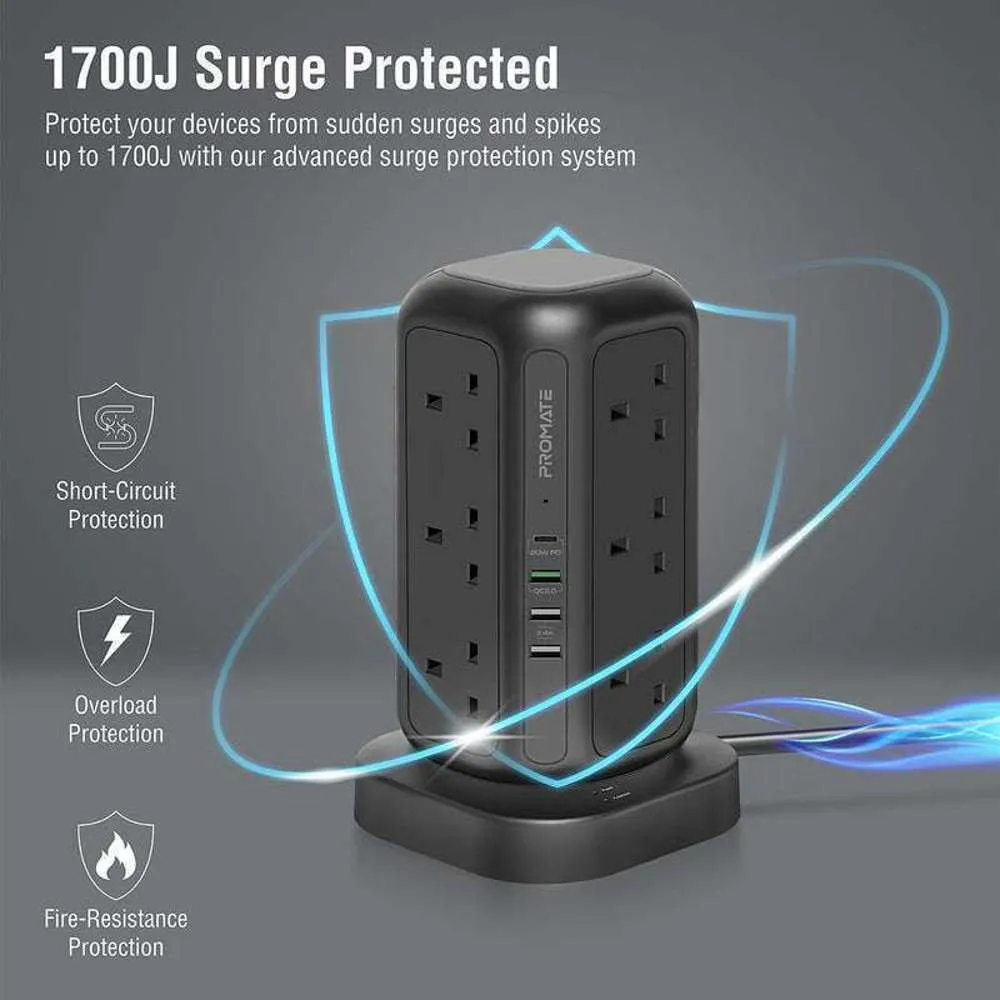 Promate 3250W/32W 12 Socket Power Tower 20W 4 USB Ports - 3m
