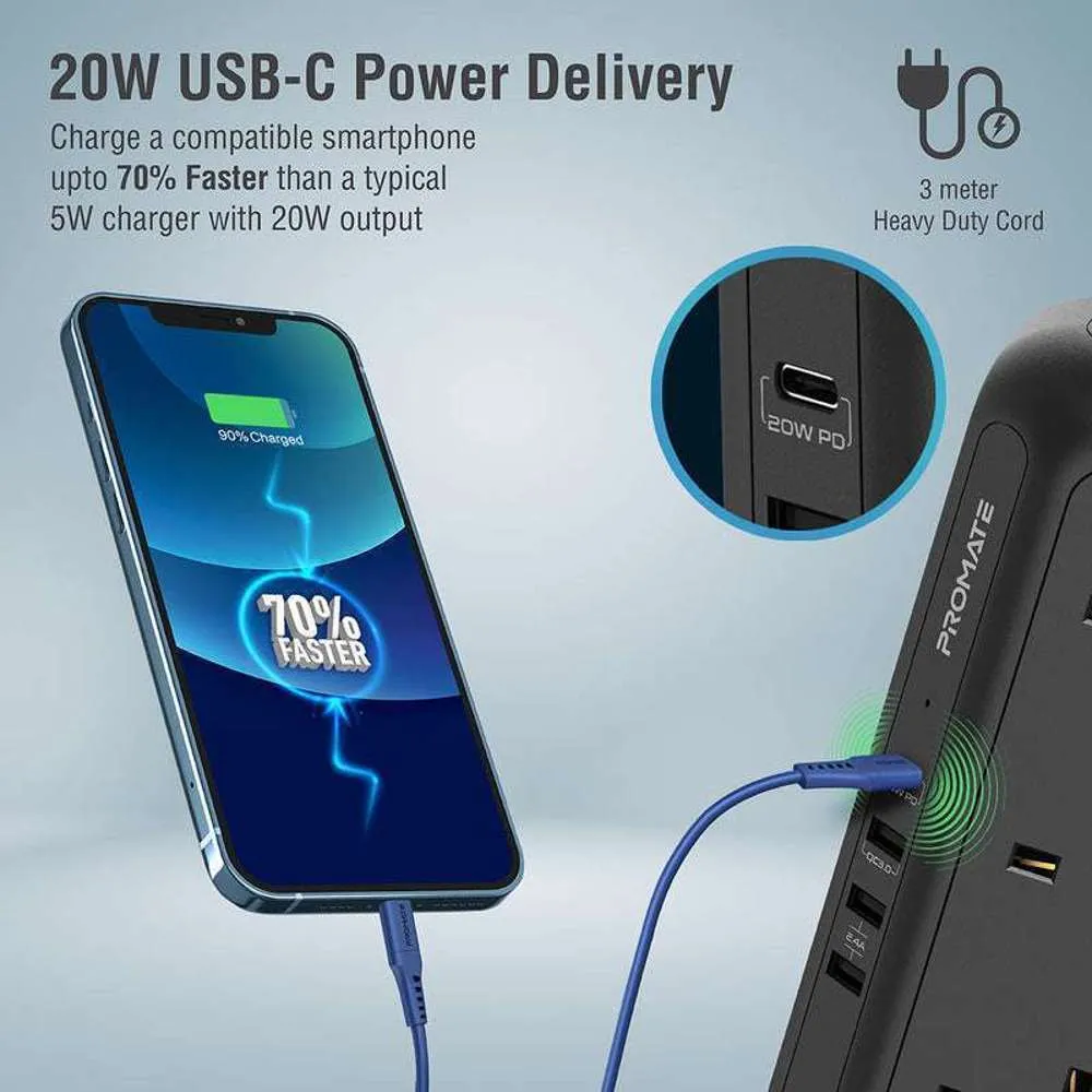 Promate 3250W/32W 12 Socket Power Tower 20W 4 USB Ports - 3m