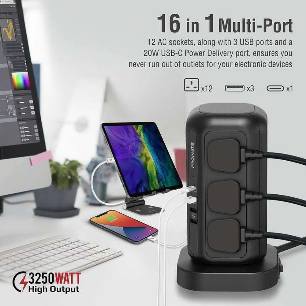 Promate 3250W/32W 12 Socket Power Tower 20W 4 USB Ports - 3m