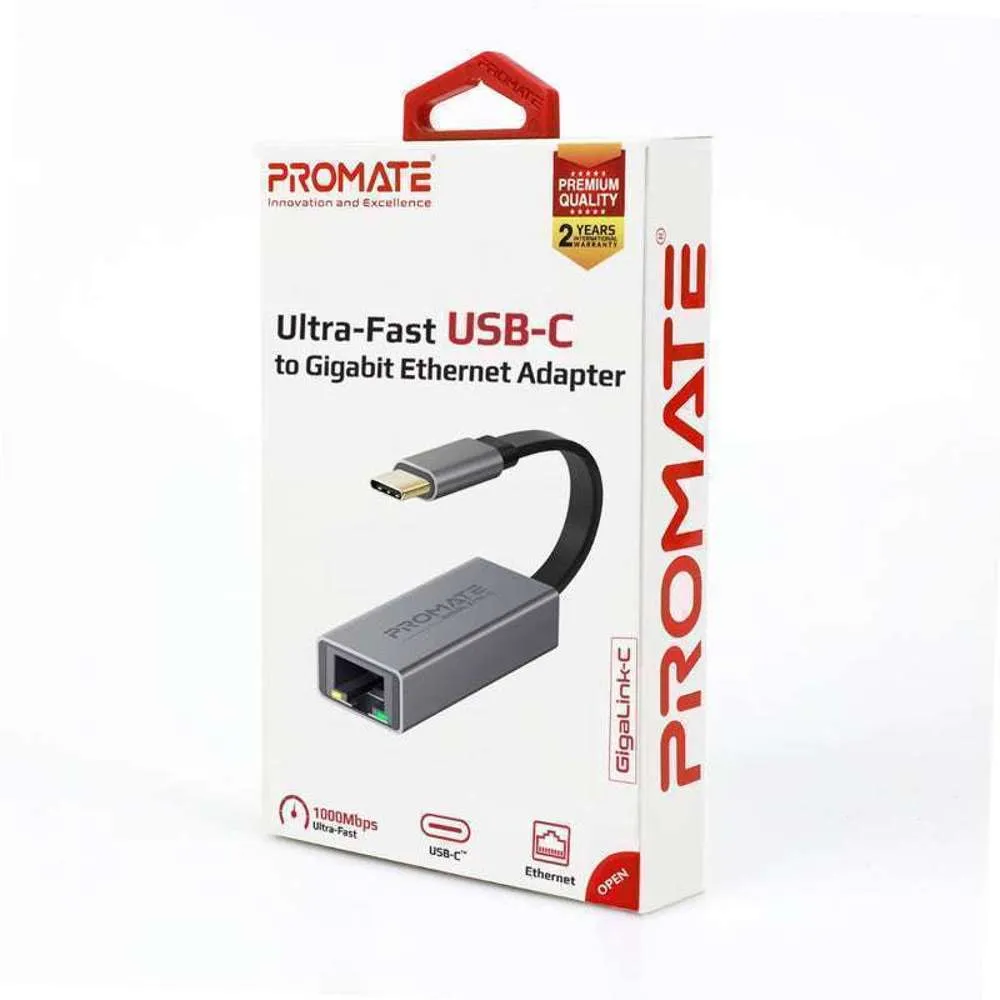 Promate Aluminium USB-C to RJ45 Ethernet Adapter up to 1000Mbps Grey