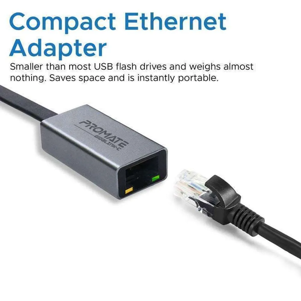 Promate Aluminium USB-C to RJ45 Ethernet Adapter up to 1000Mbps Grey