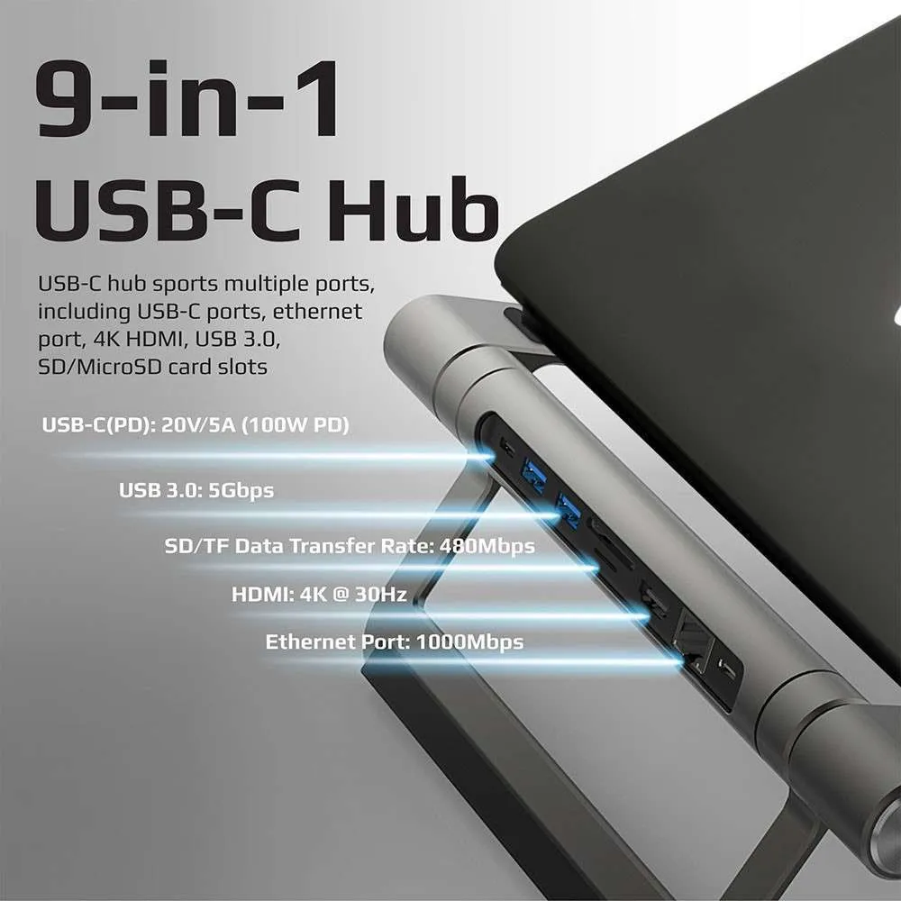 Promate Laptop Stand Removable USB-C Hub 4K HDMI RJ45