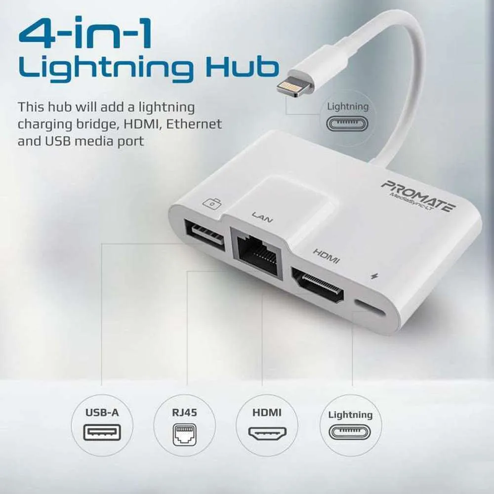 Promate Lightning Connector Hub 1080p HDMI RJ45 USB Ports