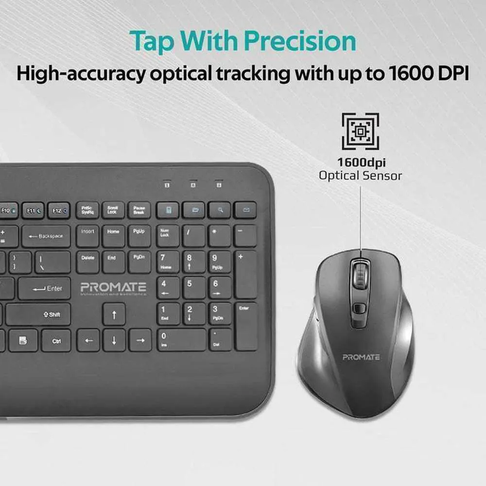 Promate Portable Wireless Slim Media Keyboard Mouse Combo Black/English