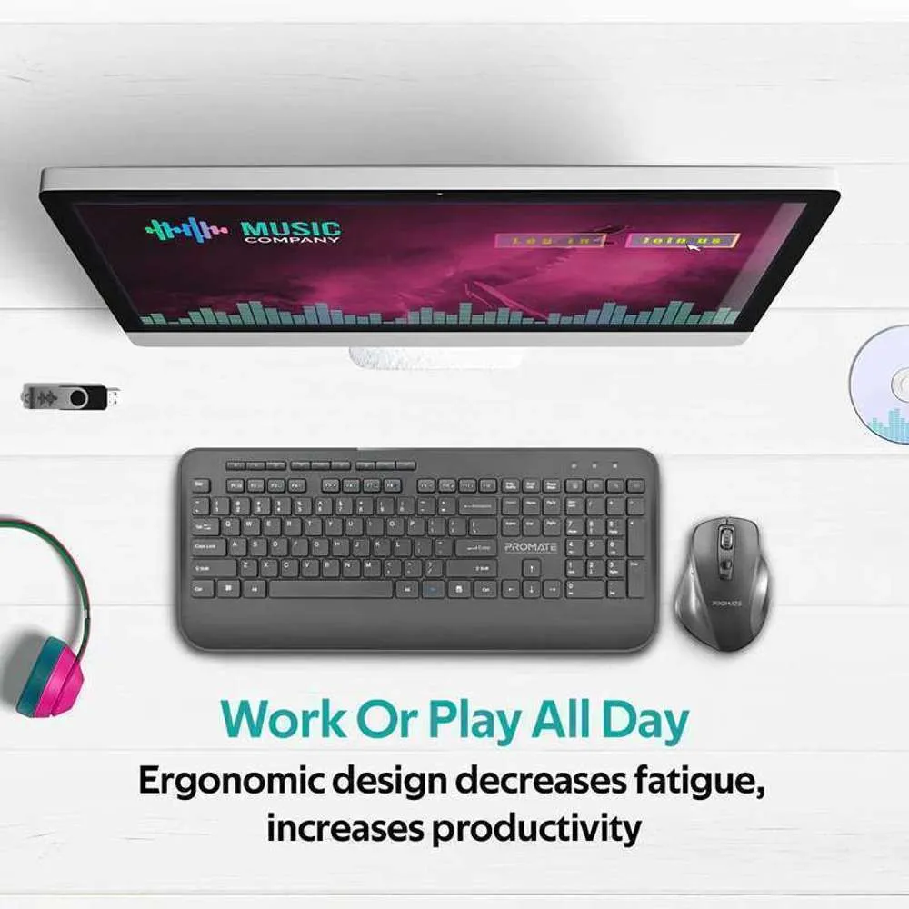 Promate Portable Wireless Slim Media Keyboard Mouse Combo Black/English