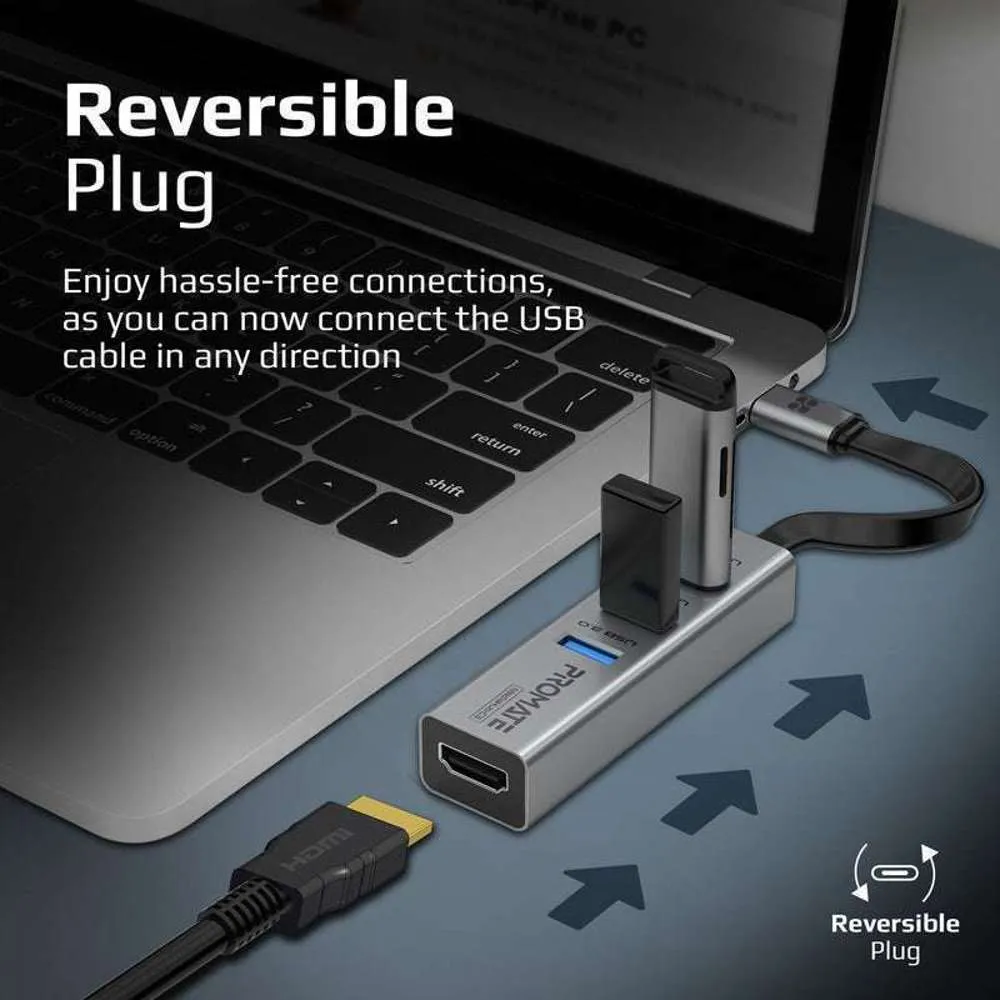 Promate USB-C Hub 3 USB 3.0 Ports 1000Mbps LAN Port