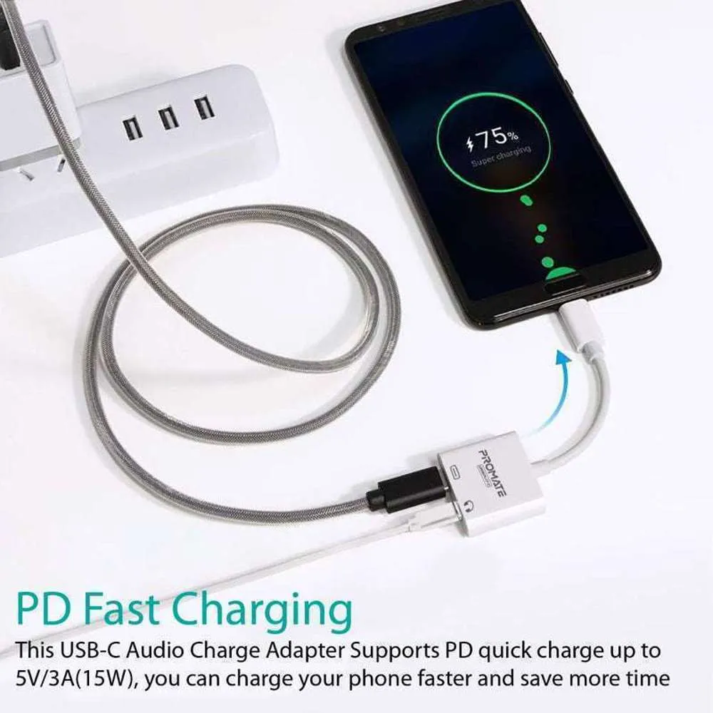 Promate USB-C Port Splitter USB-C Audio Port 5V/3A USB-C Charging Port
