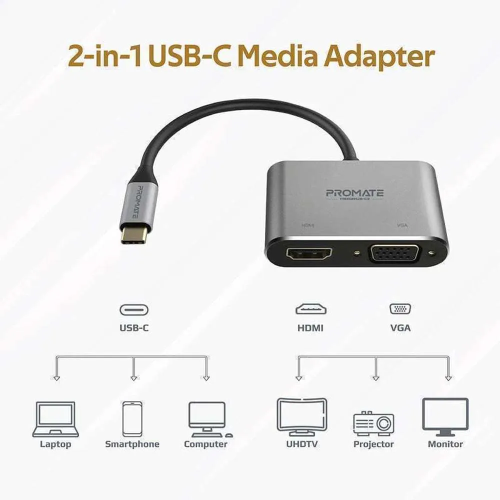 Promate USB-C to 4K HDMI 1080p VGA Multimedia Adaptor