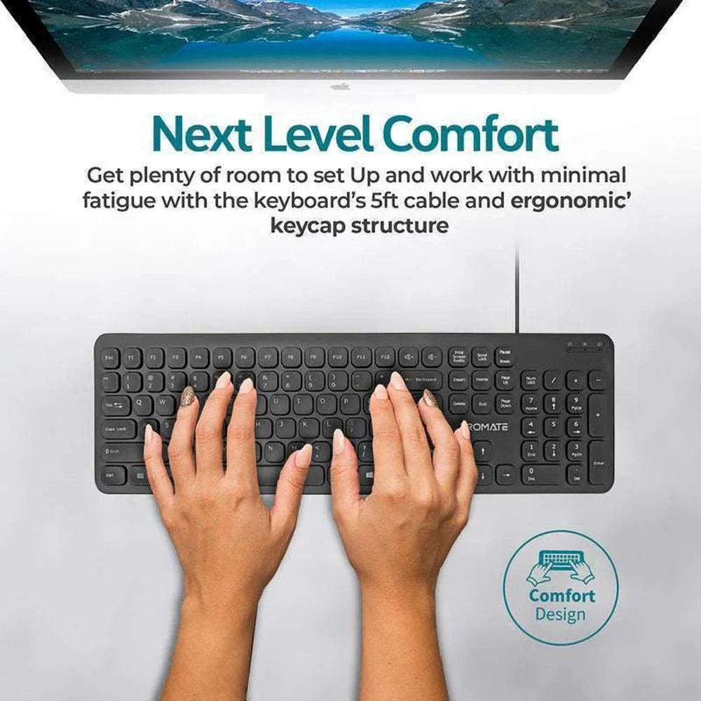 Promate Wired Ultra-Slim Ergonomic Keyboard English