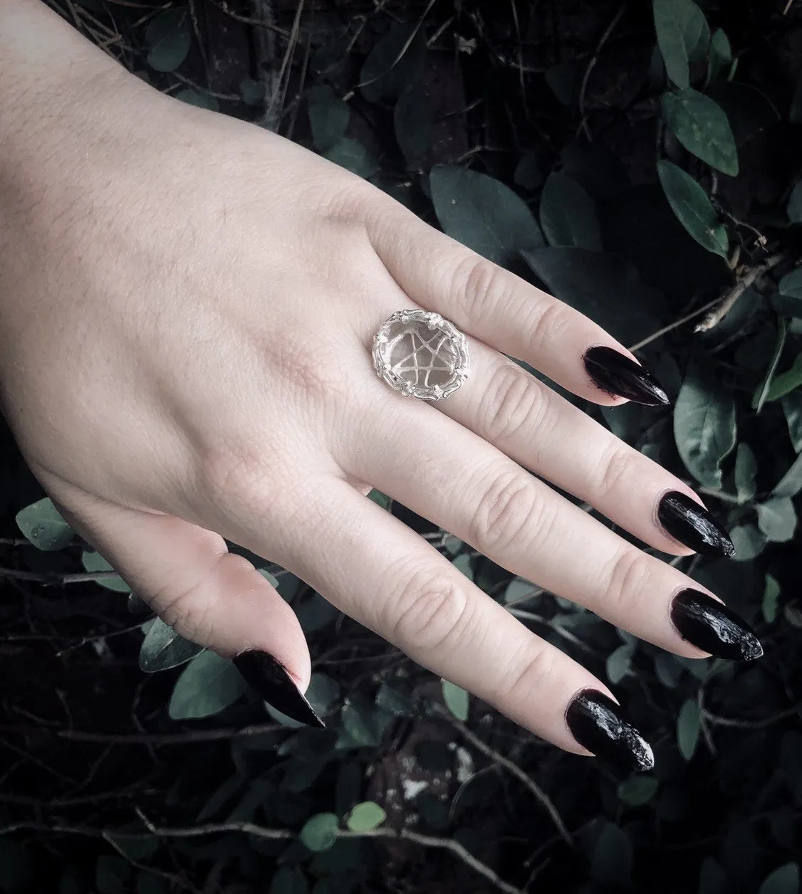 The White Witch Filigree Ring - Quartz Crystal - Pentagram - Sterling Silver - Pagan