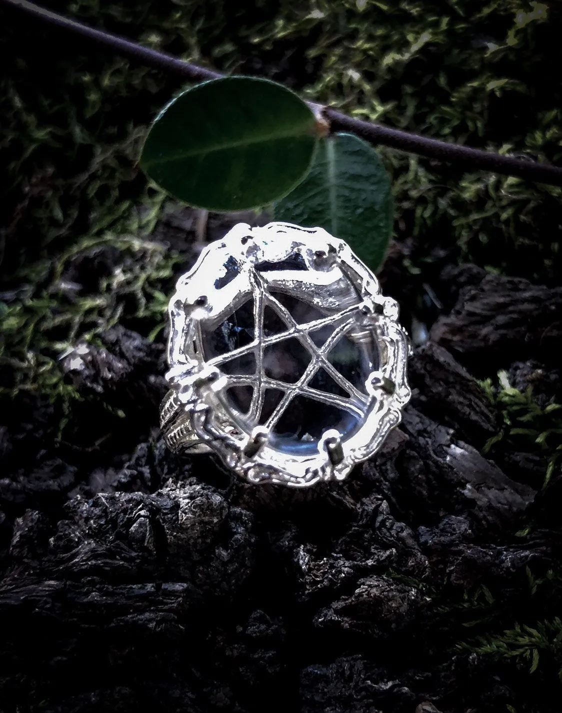 The White Witch Filigree Ring - Quartz Crystal - Pentagram - Sterling Silver - Pagan